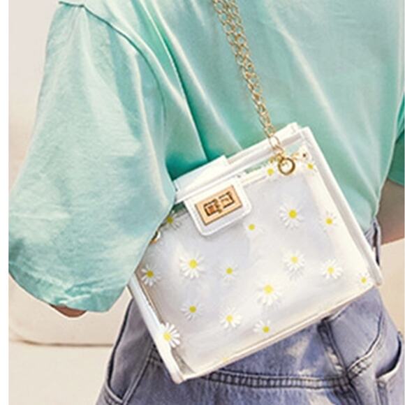 Mini Floral Daisy Transparent Square Crossbody Shoulder Bag Inner Pouch White - Picture 2 of 5